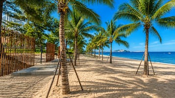 A beach with palm trees and a wooden fence.