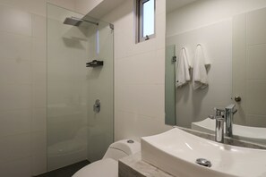 Shower, hair dryer, towels, shampoo