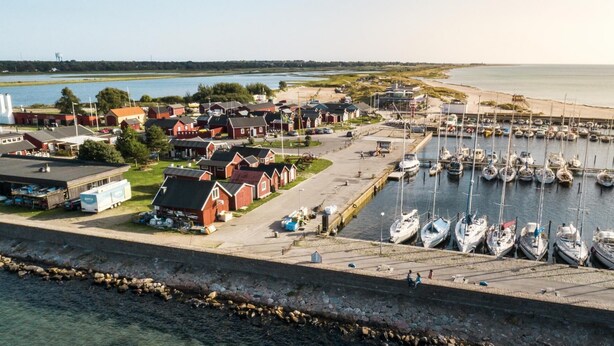 A marina with boats docked, a small town with red buildings, and a water tower in the background. - Beautiful House Skanör - Falsterbo (Skanör)