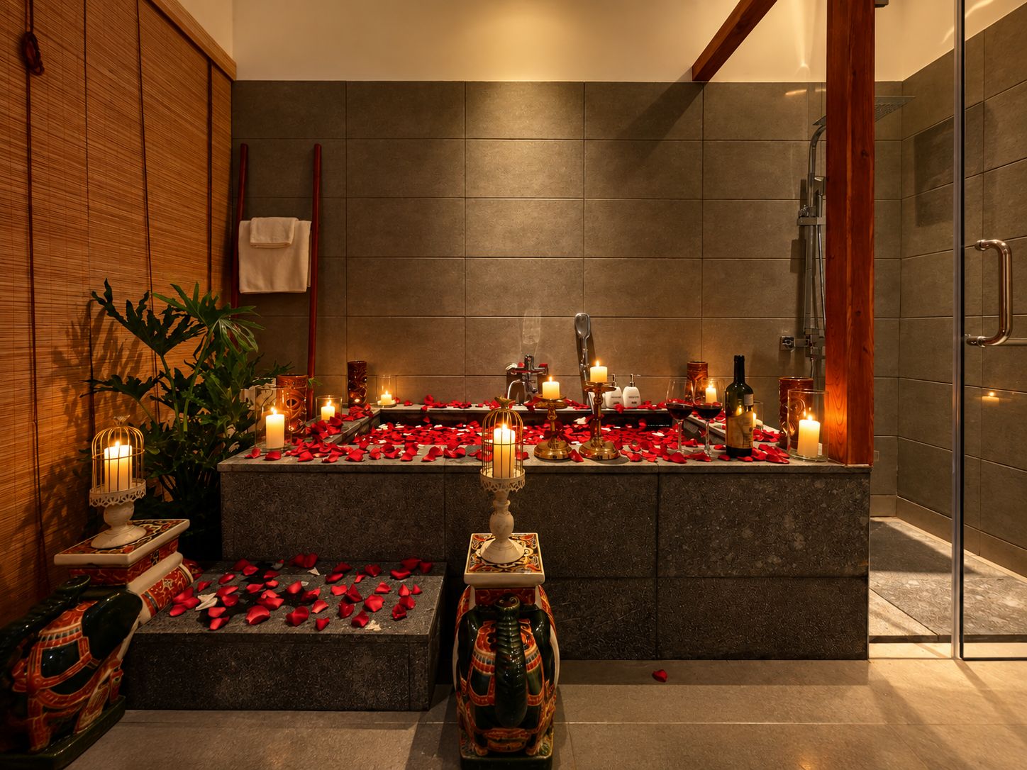 Un baño con un espejo grande, ducha y zona de lavabo decorada con velas y pétalos de rosa.