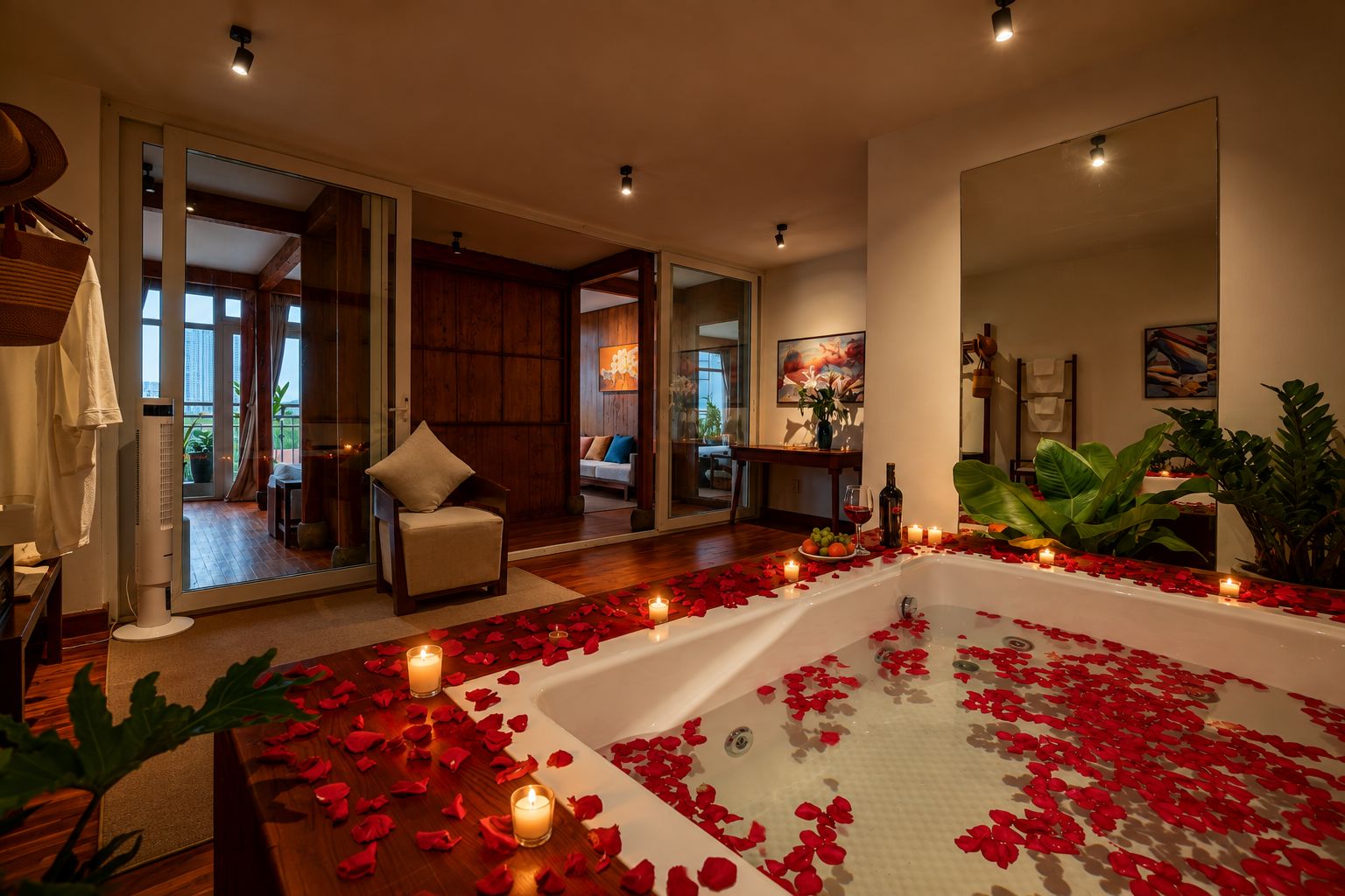 Uma área de spa com uma banheira grande cercada por pétalas de rosa e velas, uma cadeira e vista para uma varanda.