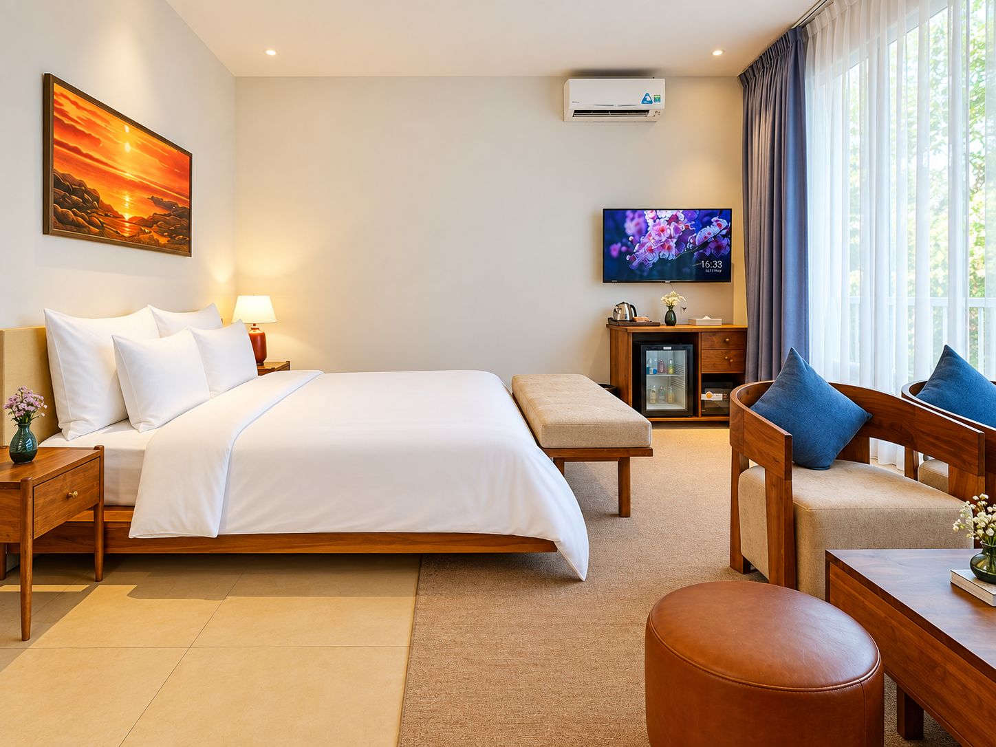 Habitación de hotel con cama, mesita de noche, lámpara, televisor, zona de estar y ventana con cortinas.