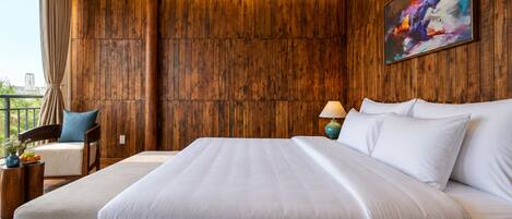 A hotel room with a large bed, a wooden accent wall, a painting, and a view of the outdoors.