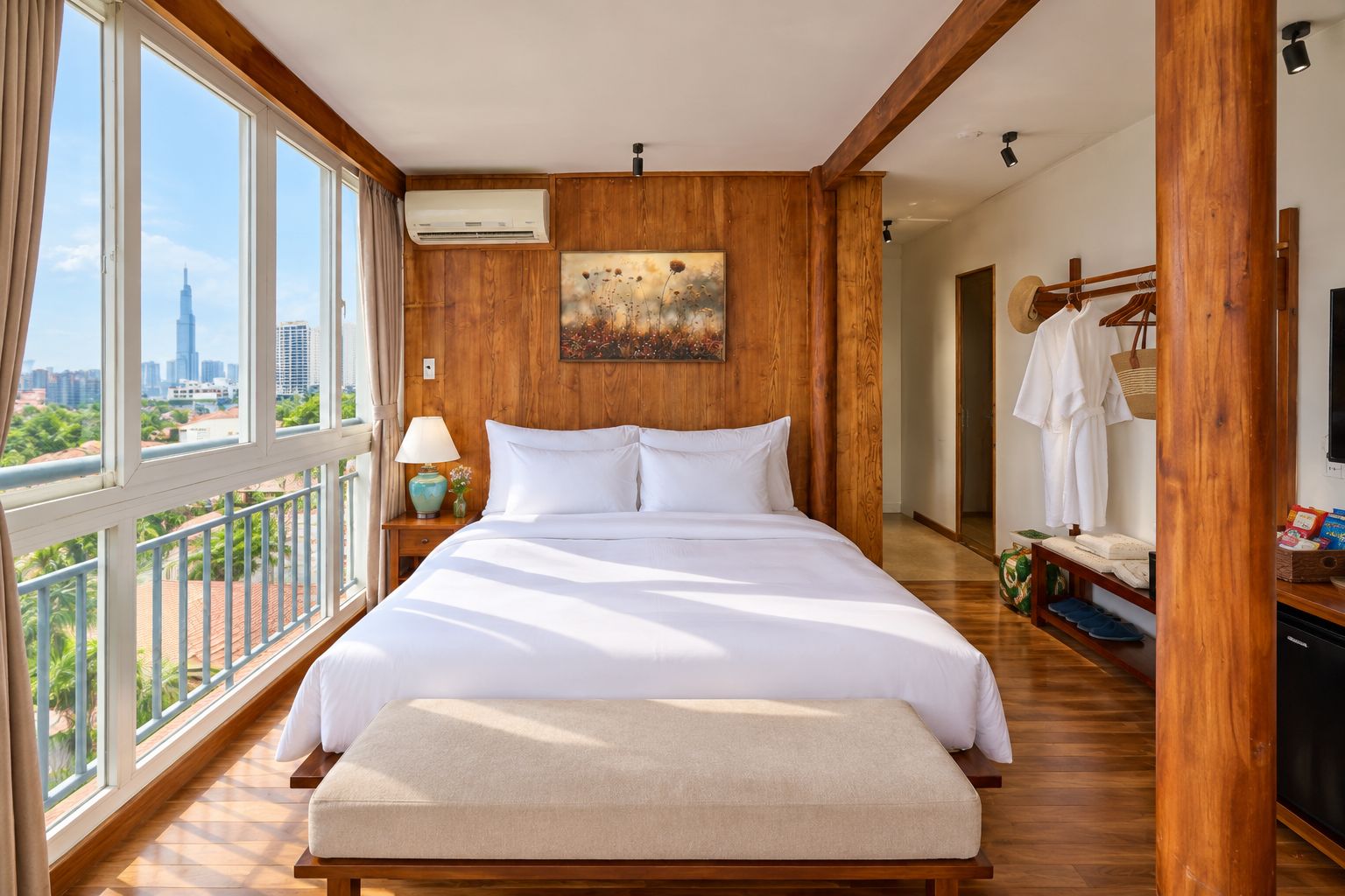 Habitación de hotel con una cama grande, vistas a la ciudad y decoración de madera.