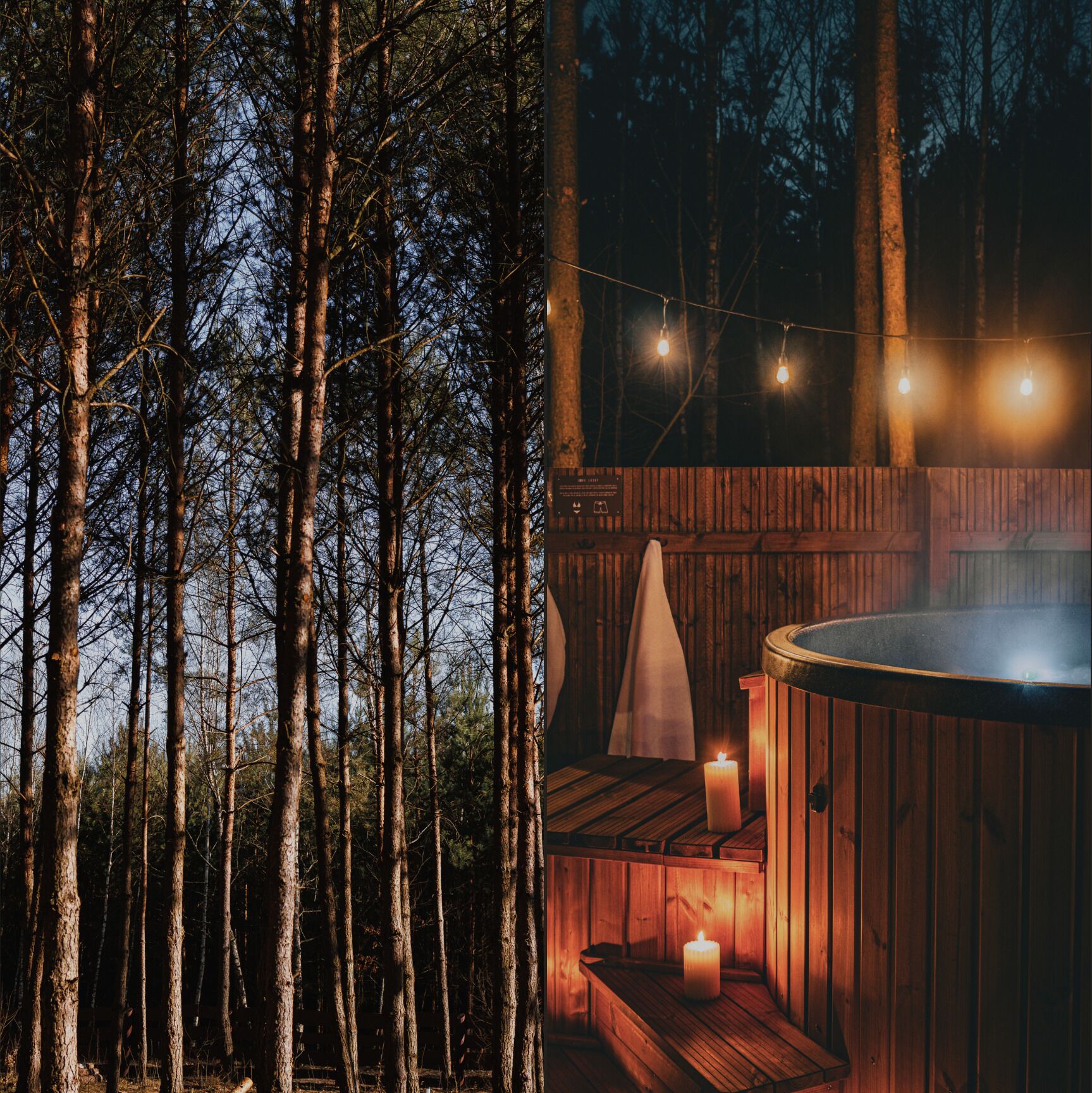 A wooden deck with a hot tub, string lights, and candles.