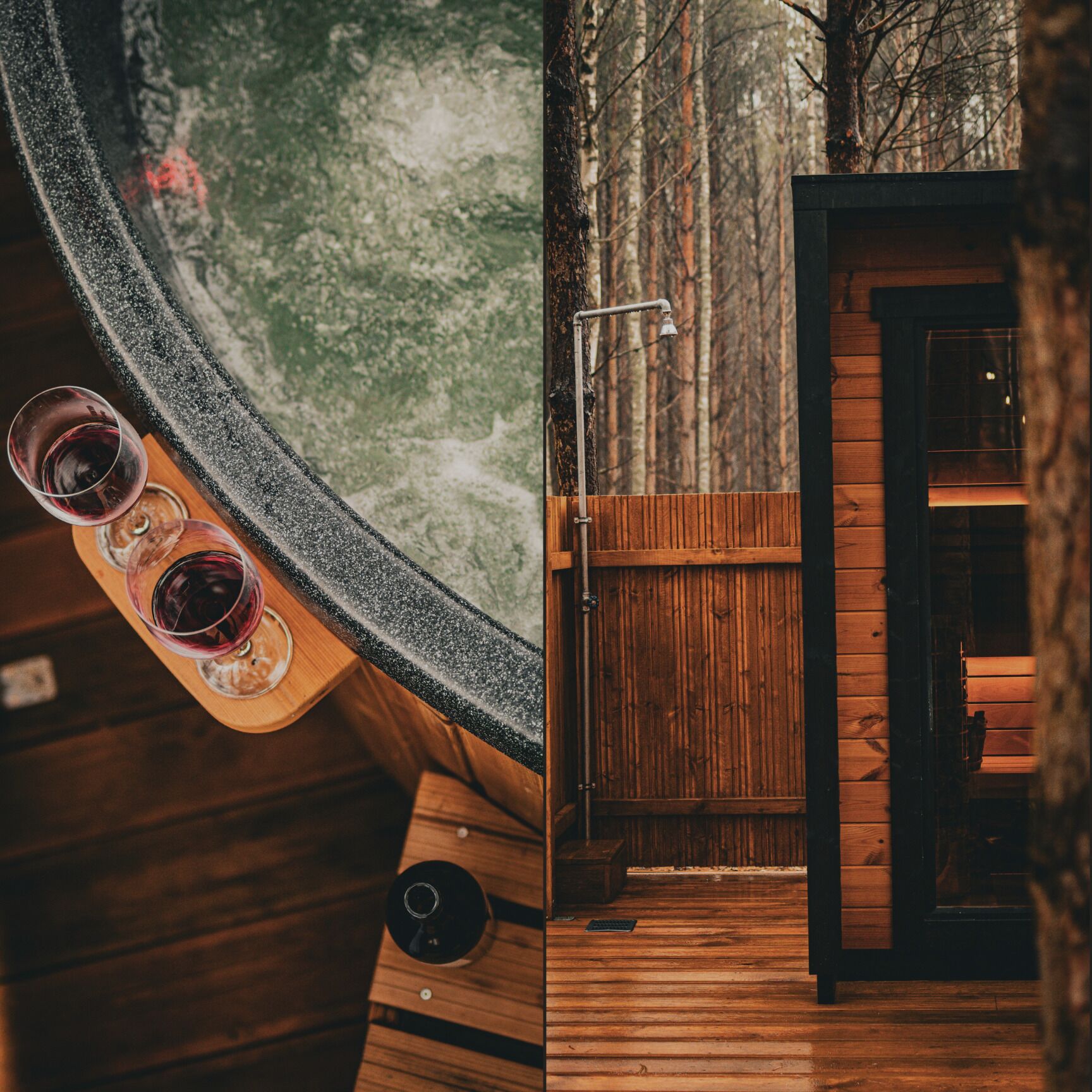 Eine Holzhütte mit Whirlpool, einer Holzterrasse und einer Tür zum Innenraum.