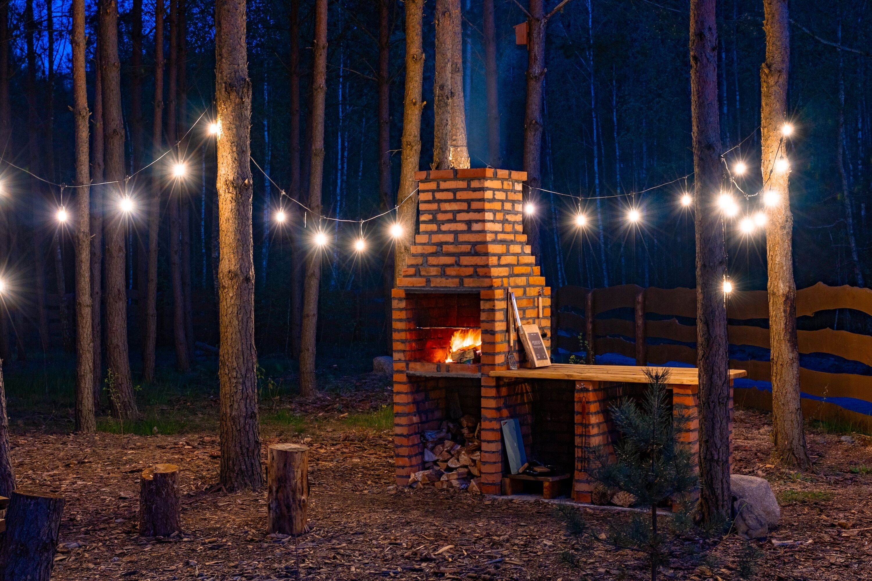 A rustic outdoor fireplace surrounded by trees, with string lights above.
