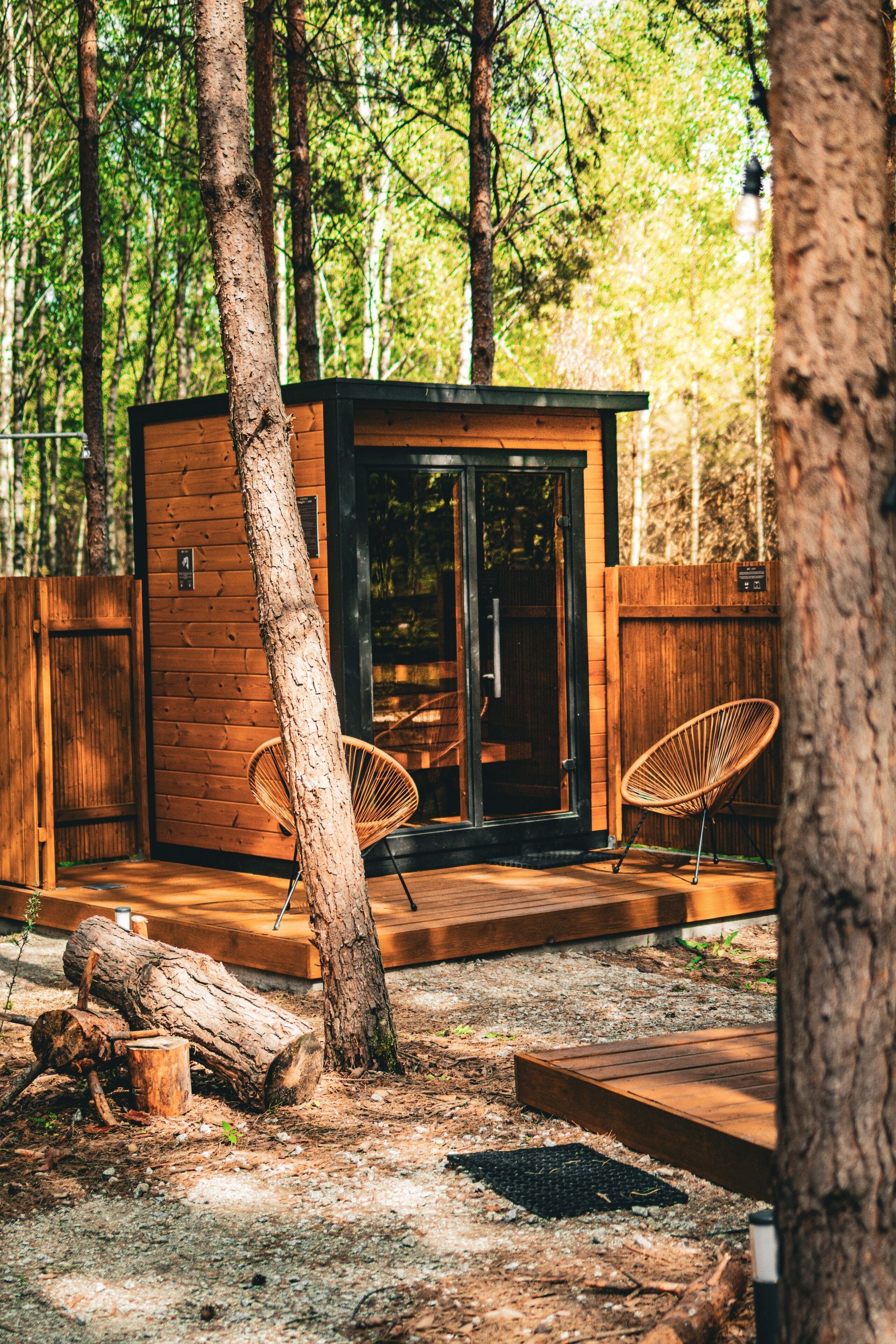 Eine Holzhütte mit Glastür, zwei Korbstühlen und einer Baumstammbank in einer Waldlandschaft.