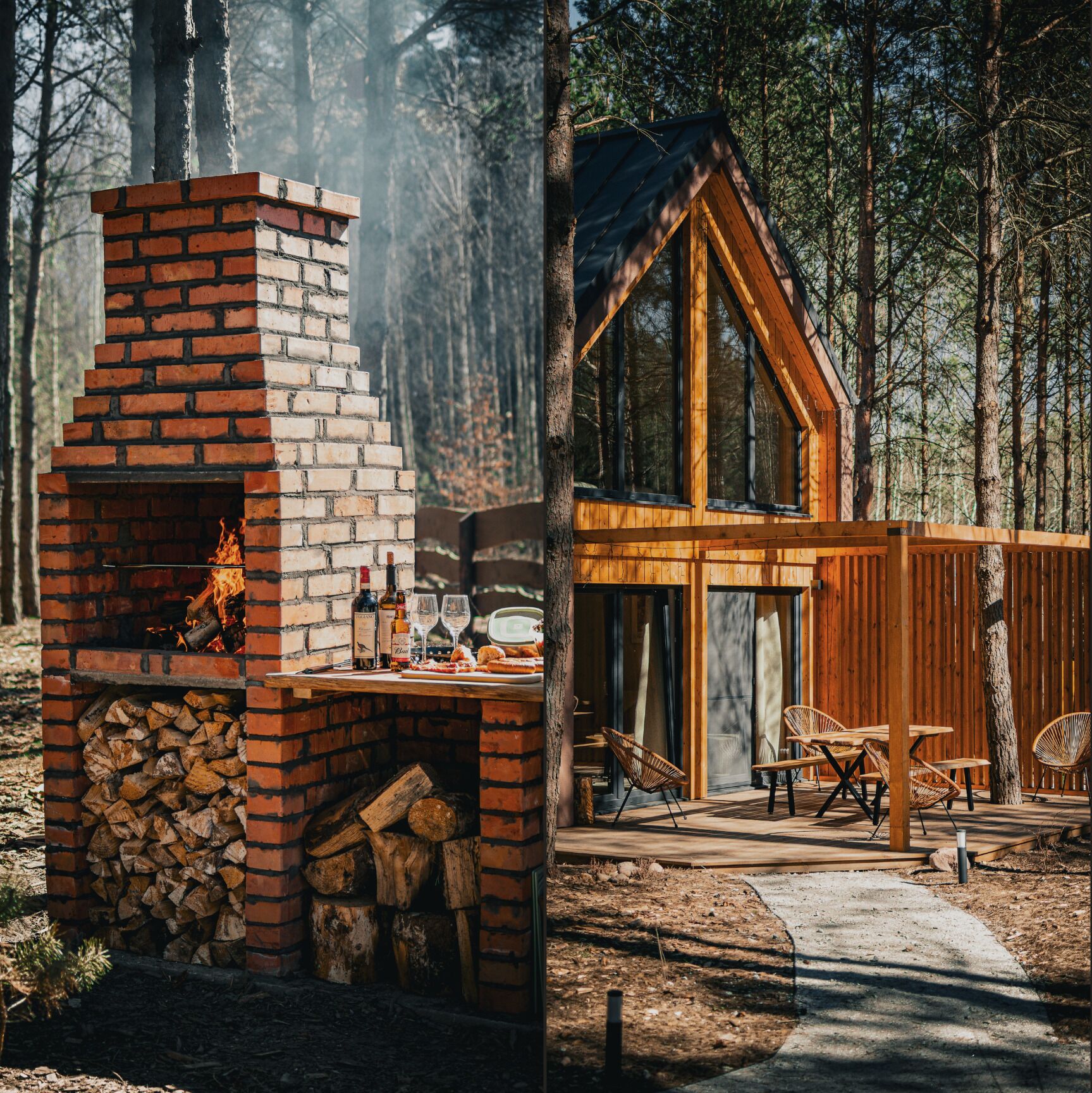 Una cocina campestre al aire libre con chimenea de ladrillo y zona de comedor con mobiliario de madera.