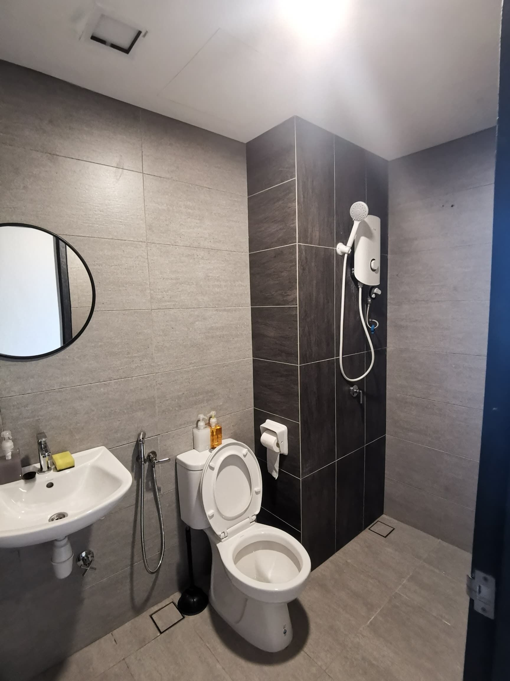 Un baño moderno con inodoro, lavabo y ducha.