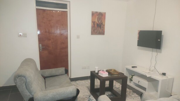 Una sala de estar con un sofá gris, una mesita de centro pequeña, un televisor sobre un mueble y una puerta con panel de madera.
