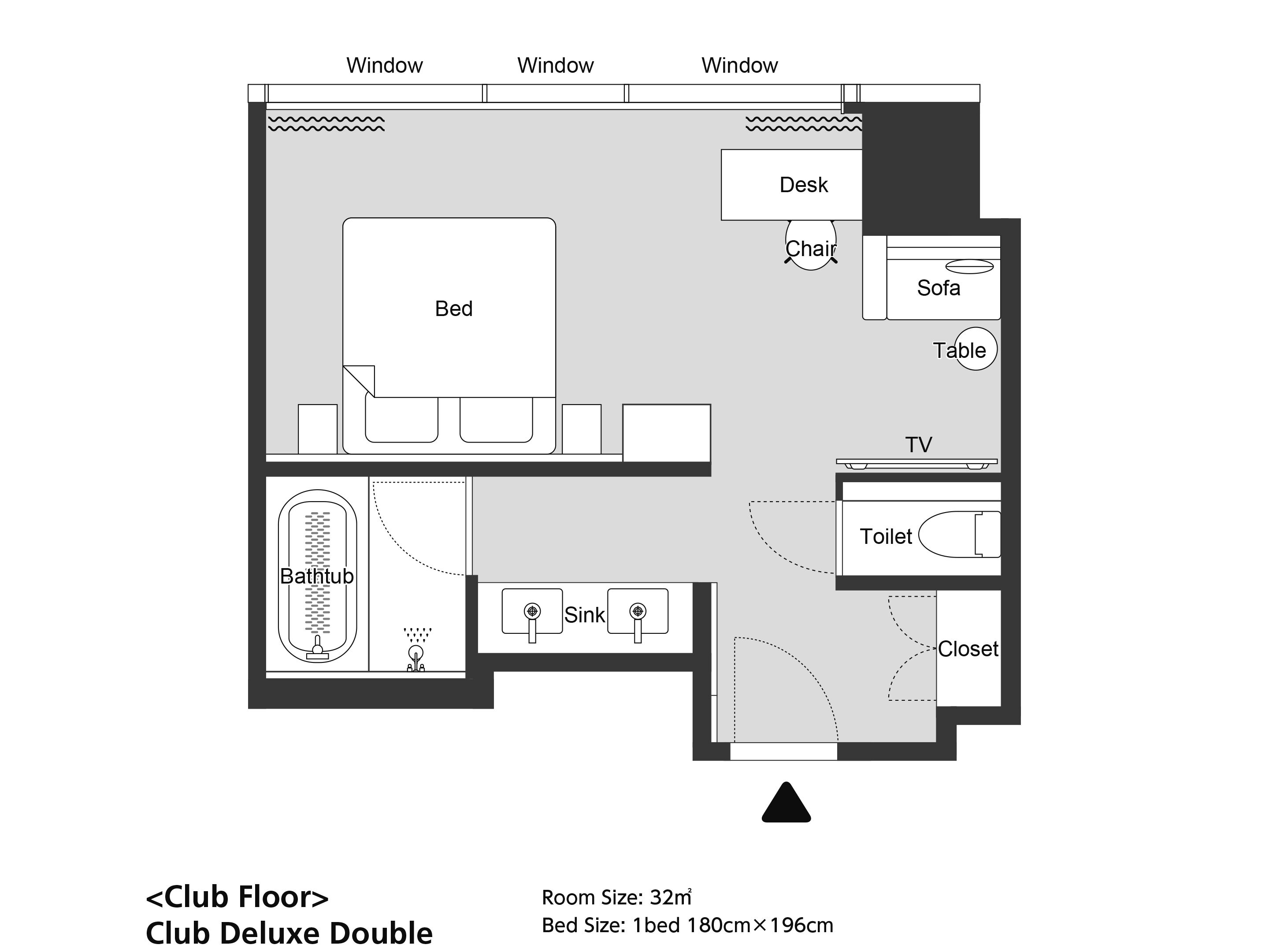 A Club Deluxe Double room layout with a bed, desk, sofa, TV, toilet, and closet.