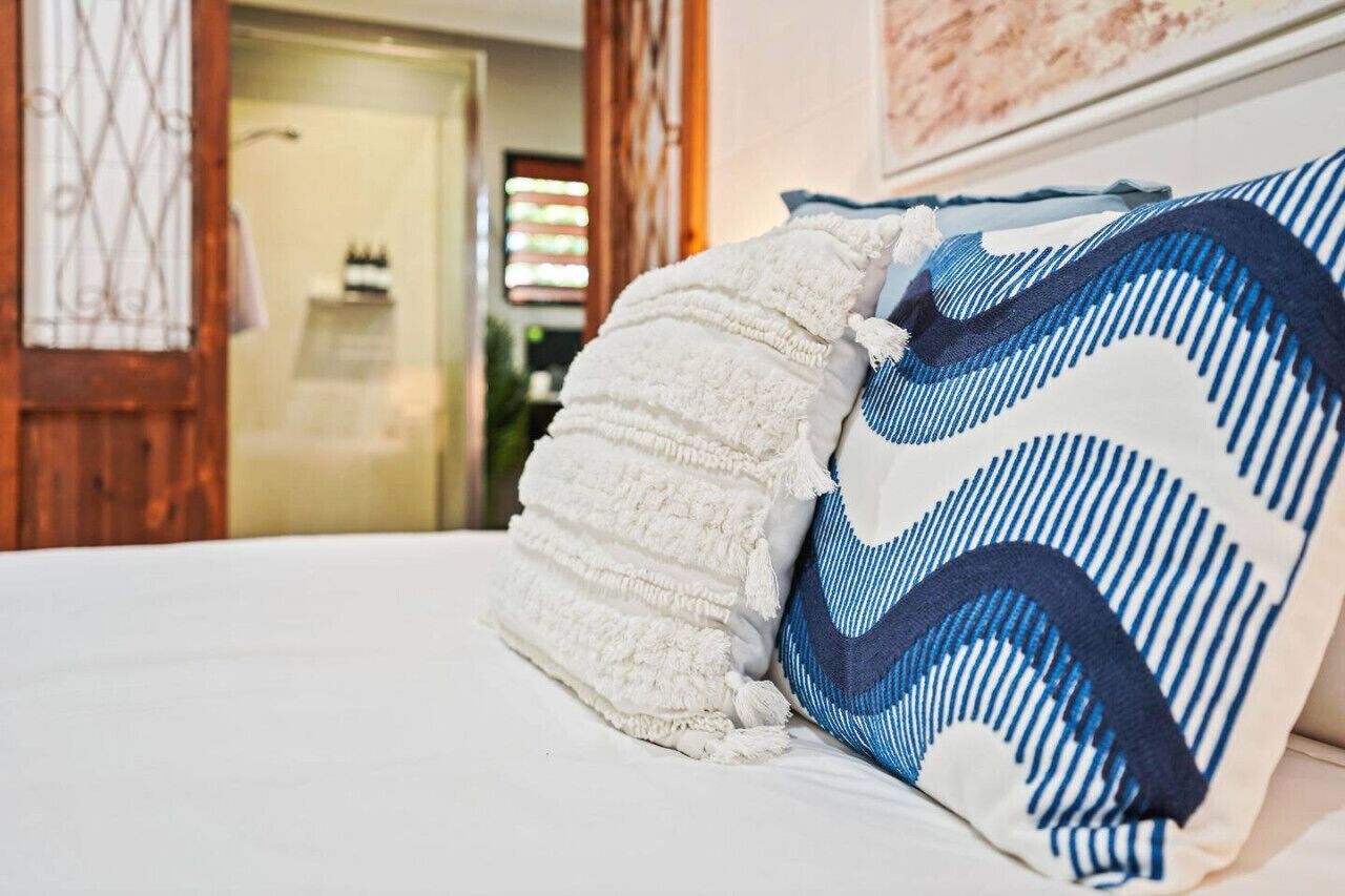 A bed with a white and blue patterned pillow, a white fluffy pillow, and a wooden door in the background.