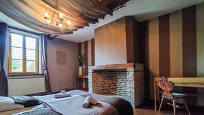 A room with a bed, a chair, a fireplace, and a window. - Amazing home in Gedinne with sauna (Gedinne)