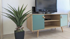 Un meuble TV en bois, sur lequel est posée une télévision à écran plat, avec une plante en pot et un meuble doté d’une poignée.