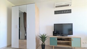 Une pièce comprenant une armoire, un téléviseur posé sur un meuble, une plante en pot et un appareil de climatisation.