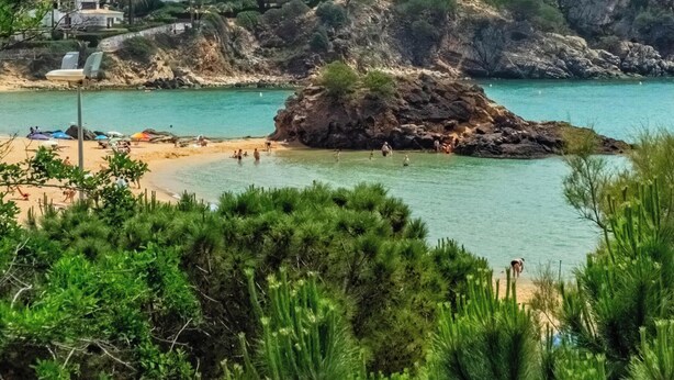 Ein Strand mit klarem türkisfarbenem Wasser, Felsen und üppiger Vegetation.