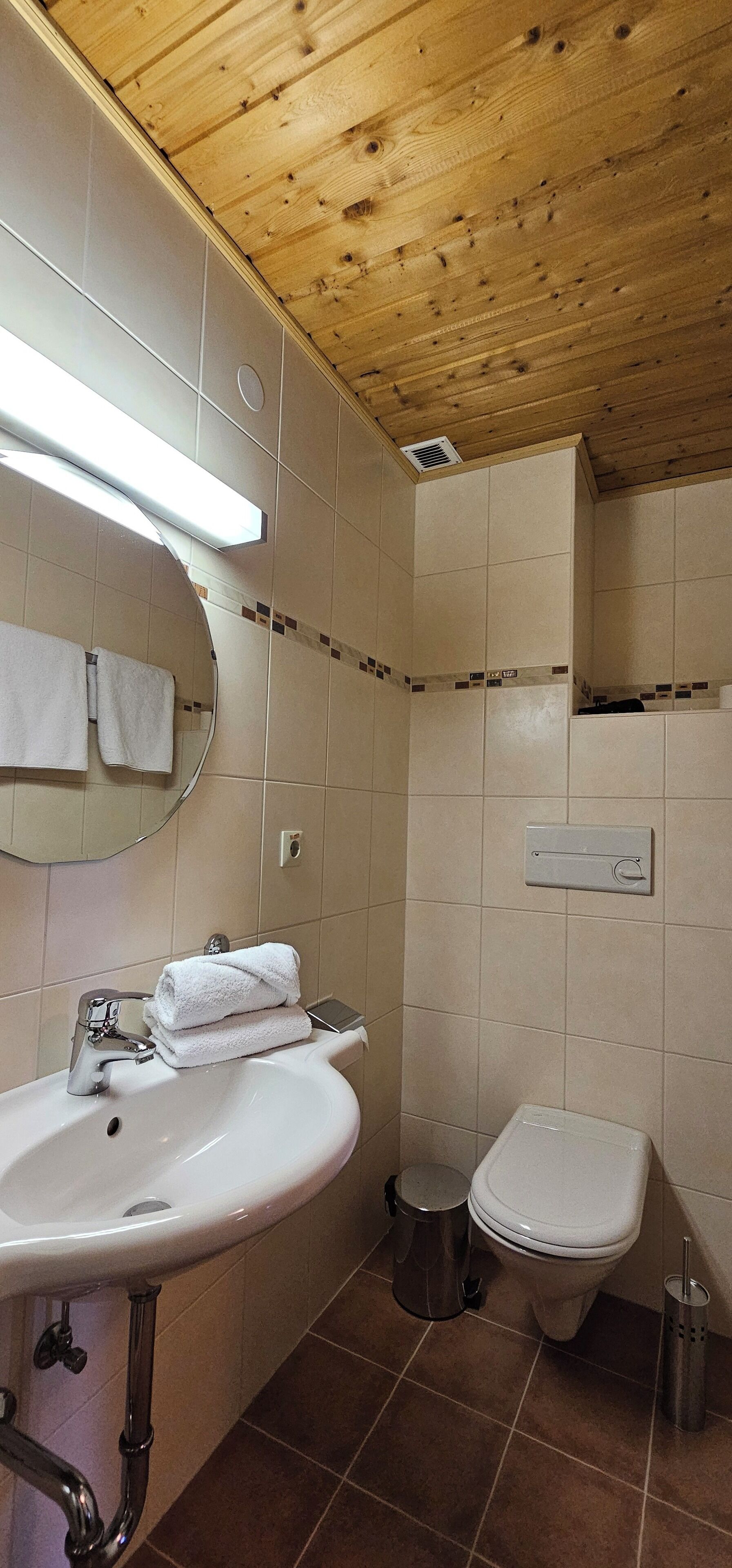 A bathroom with a wooden ceiling, a sink with a mirror, a toilet, and a trash bin.
