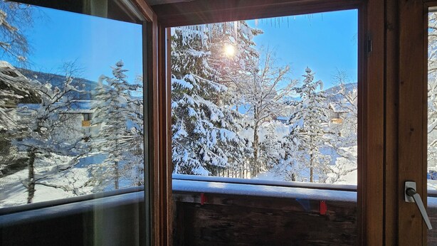 A view from a window with snow-covered trees and a clear sky. - Pension Edi (Leutasch)