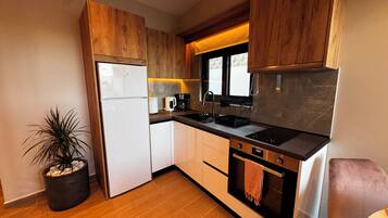 Fridge, oven, coffee/tea maker, toaster