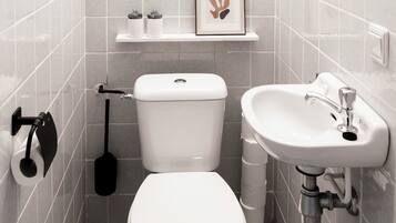 Ein modernes Badezimmer mit Toilette, Waschbecken und Ablagefläche für Toilettenartikel.