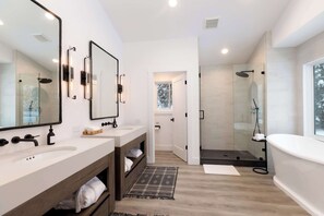 Shower, hair dryer, towels, shampoo