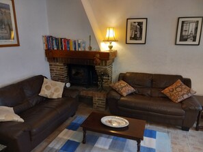 Smart TV, fireplace, DVD player, books