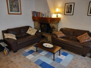 Smart TV, fireplace, DVD player, books