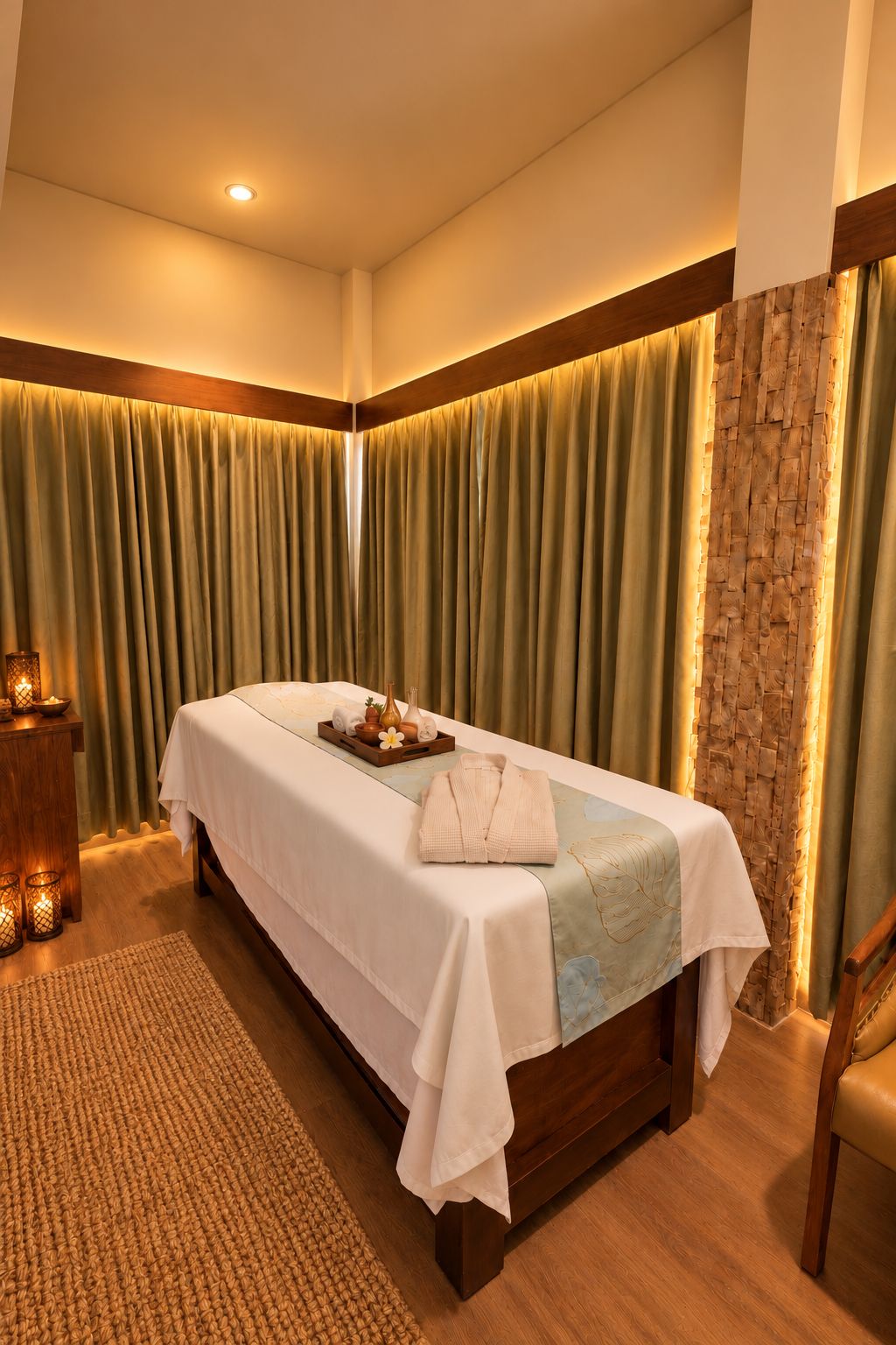 Una habitación bien iluminada con una cama, cabecera de madera, una mesita con velas y una alfombra tejida.