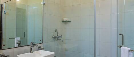 A modern bathroom with a glass shower enclosure, a white sink, and a large mirror.