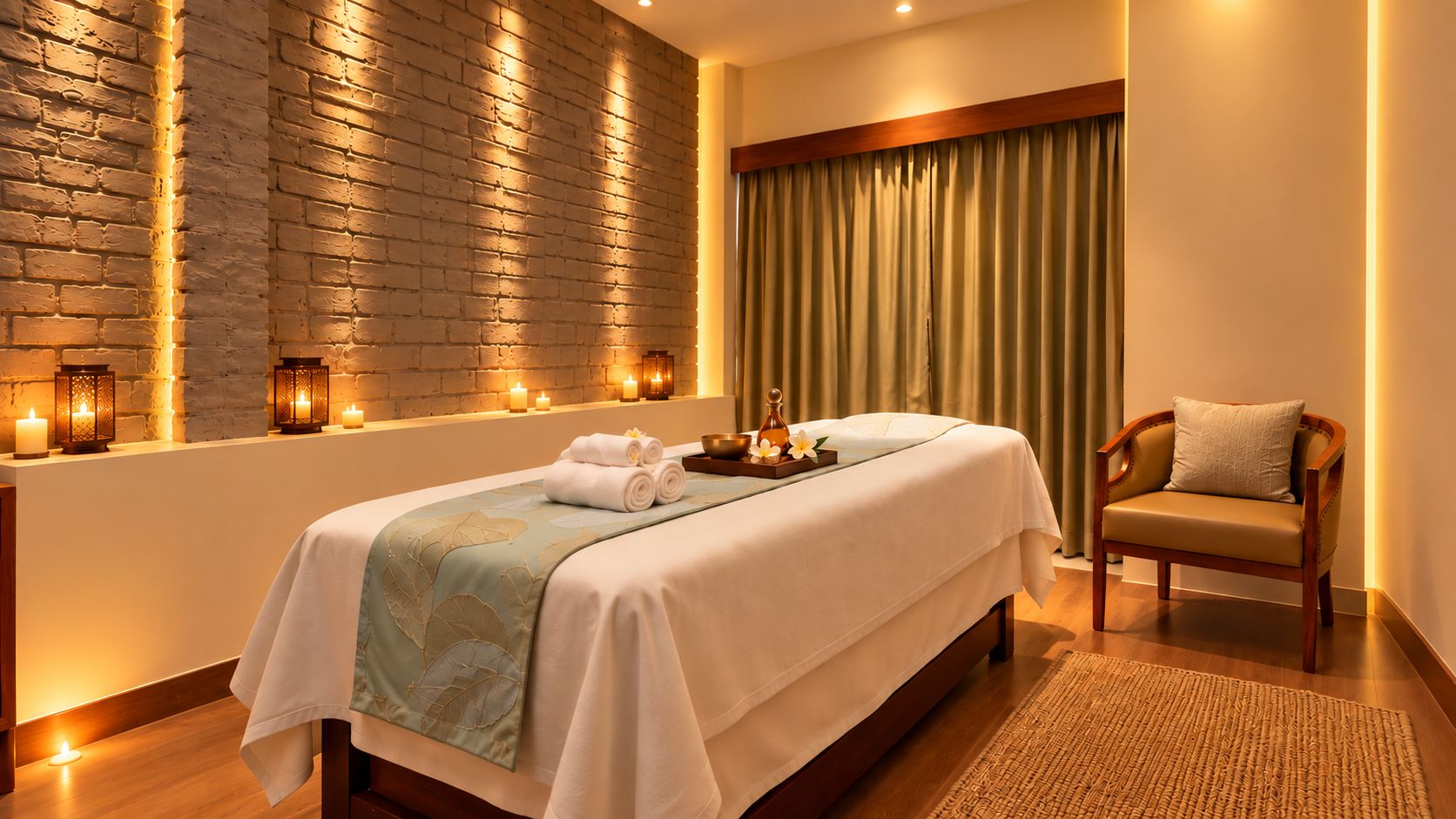 Ein Spa-Raum mit Massageliege, Kerzen und einem Holzstuhl.