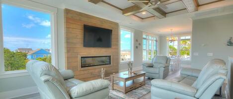 Smart TV, fireplace, books