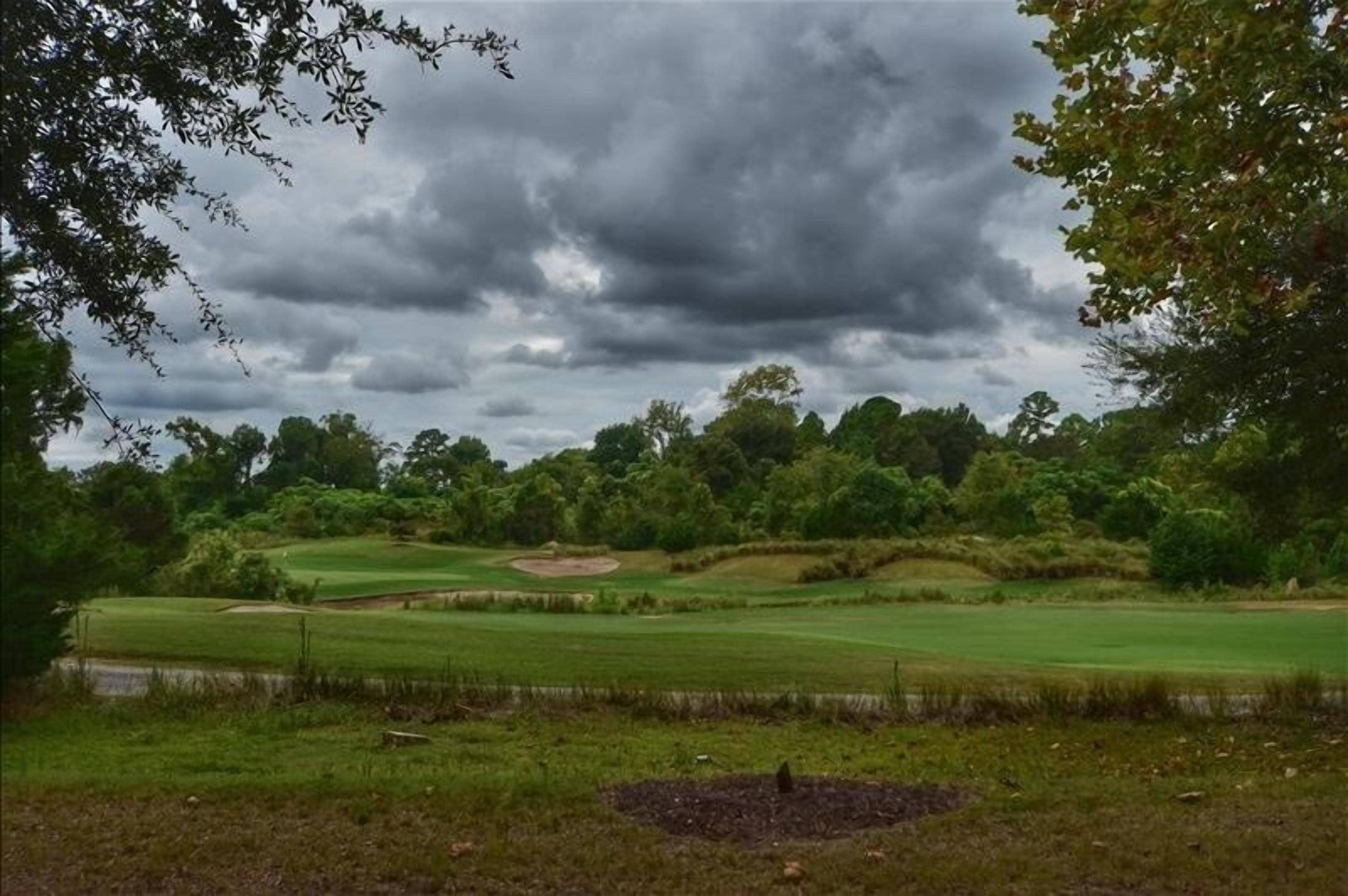 Een golfbaan met een vijver, omgeven door dichte bomen en onder een bewolkte lucht.