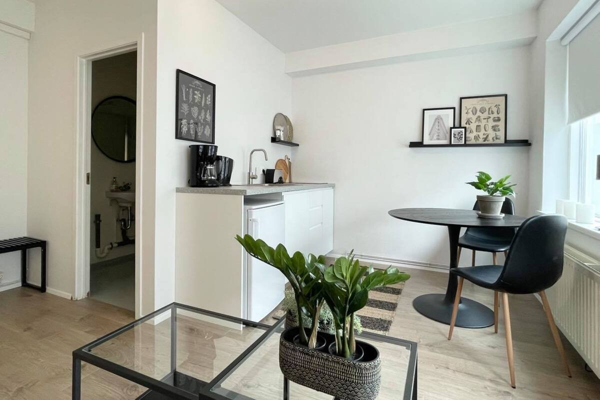 Una cocina moderna con armarios blancos, una cafetera negra y un lavamanos. Hay un comedor con una mesa redonda y sillas negras. Una planta en maceta está sobre la mesa y un espejo en la pared.
