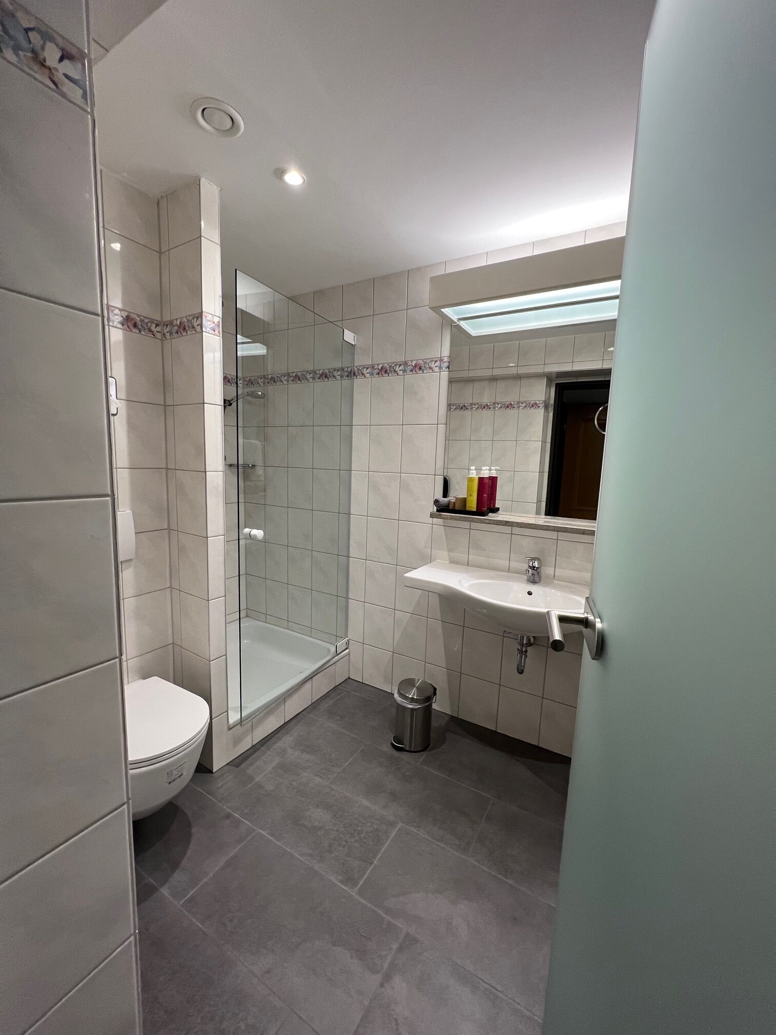 A modern bathroom with a glass shower enclosure, a white sink, and a toilet.