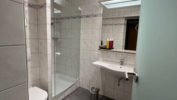 A modern bathroom with a glass shower enclosure, a white sink, and a toilet.