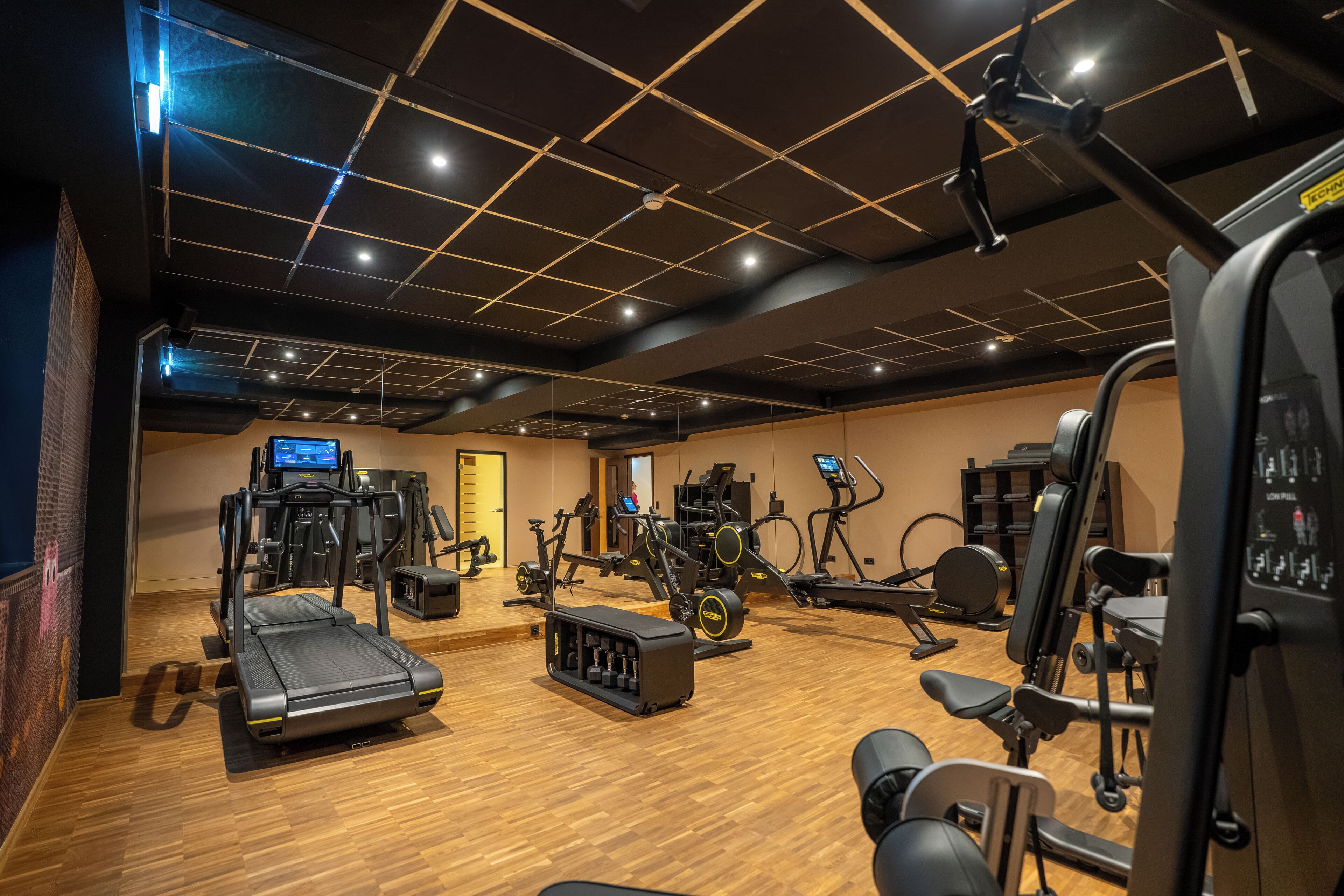 A gym with various exercise equipment, including treadmills, elliptical machines, and weight machines.