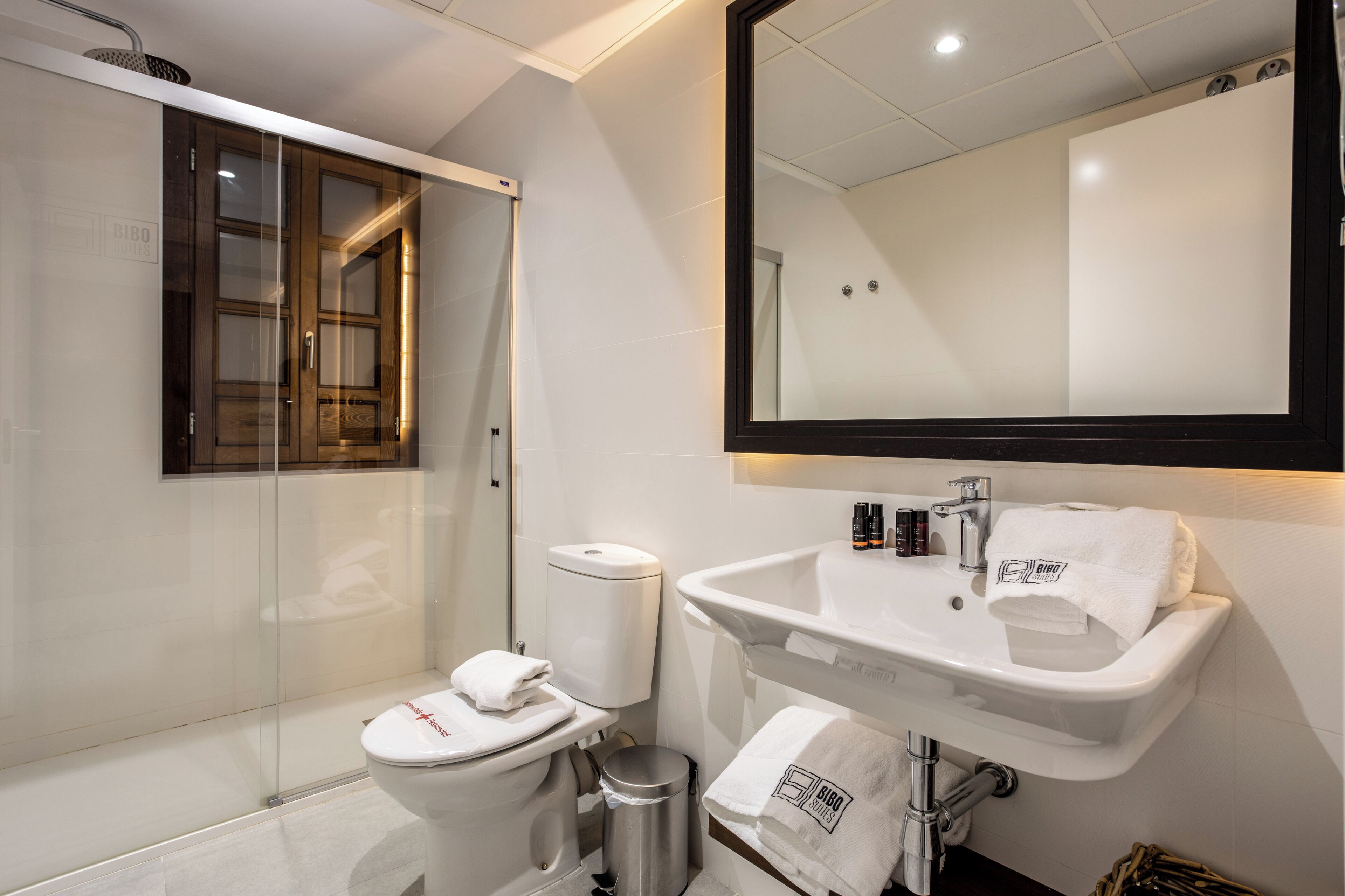 Een moderne badkamer met een douchecabine van glas, een wit toilet en een wastafel met een spiegel erboven.