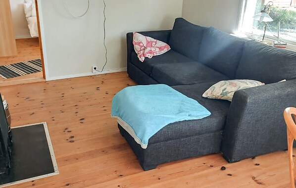 A room with a dark grey sofa, a blue throw pillow, and a floral pillow. - 1 bedroom lovely home in Eskilstuna (Eskilstuna)