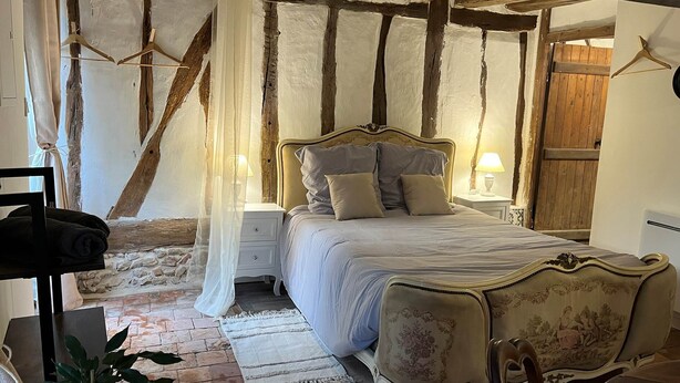 Une chambre à coucher avec un lit, des tables de chevet, une lampe suspendue, une chaise et une plante.