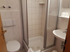 Bathroom features a shower enclosure, toilet, and sink with a mirror above.