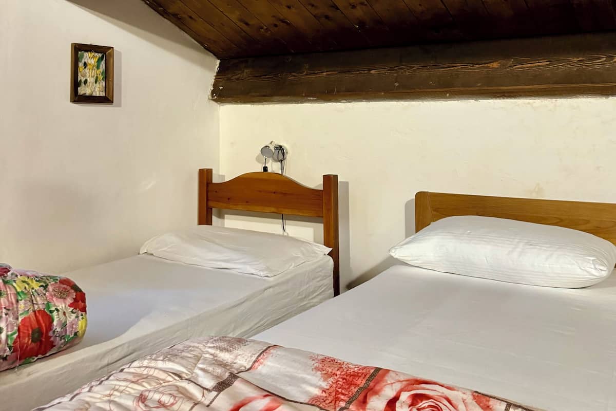 A bedroom with two beds, wooden headboards, a white wall, and a wooden ceiling.
