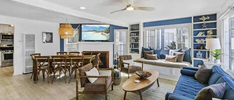 Smart TV, chimenea, oficina