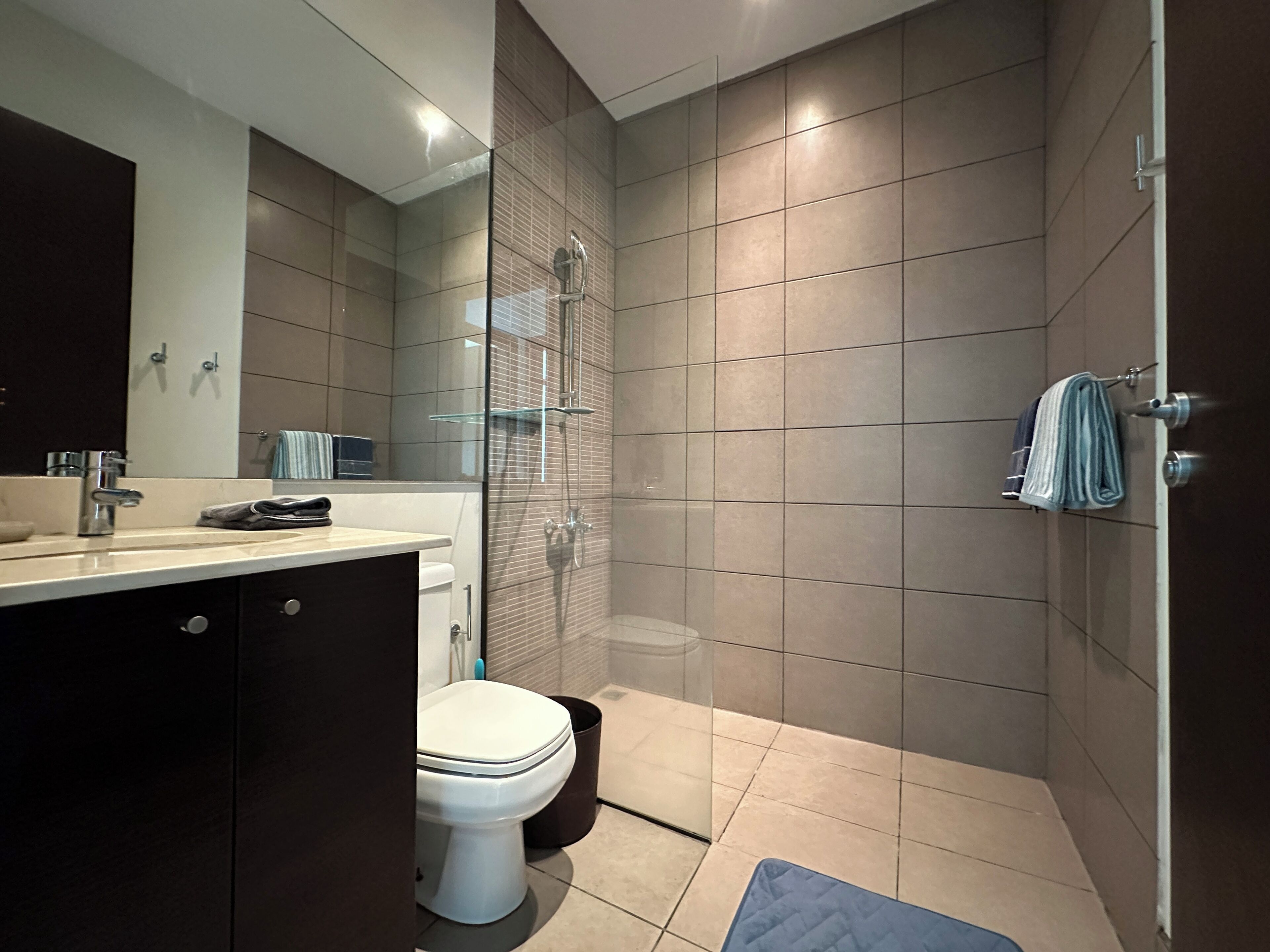 A modern bathroom with a toilet, sink, and shower area.