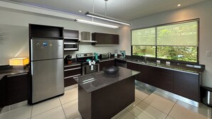 A modern kitchen with stainless steel appliances, a central island, and a large window providing a view of greenery. - Serene Beachside 2 bedroom and 2.5 bathroom condo. (Playa Hermosa)