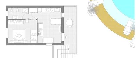 Un plan d’étage d’une chambre d’hôtel intitulé « Borgo Dei Fiori 1C - Premier étage », comprenant un coin repas, une salle de bain et une petite cuisine.