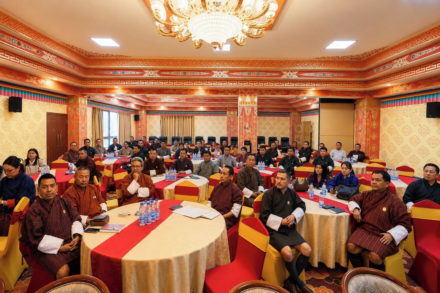 A conference room with round tables, attendees, and a chandelier.