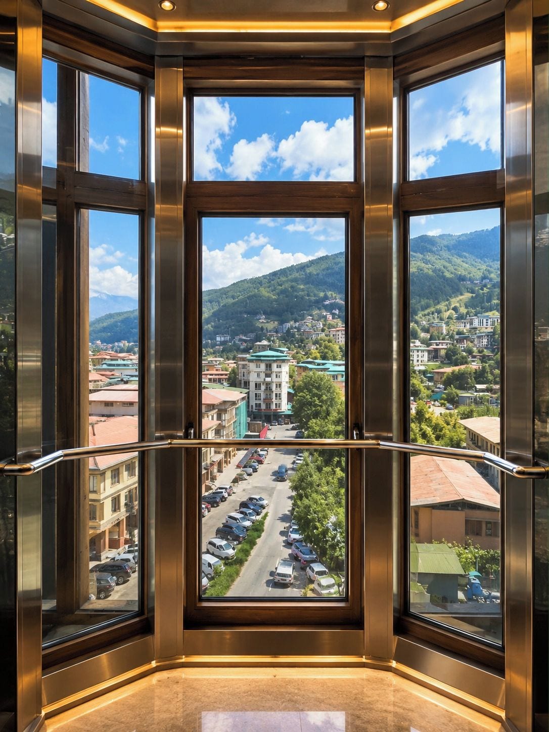 A corner room with large windows offering a view of a cityscape and mountains.