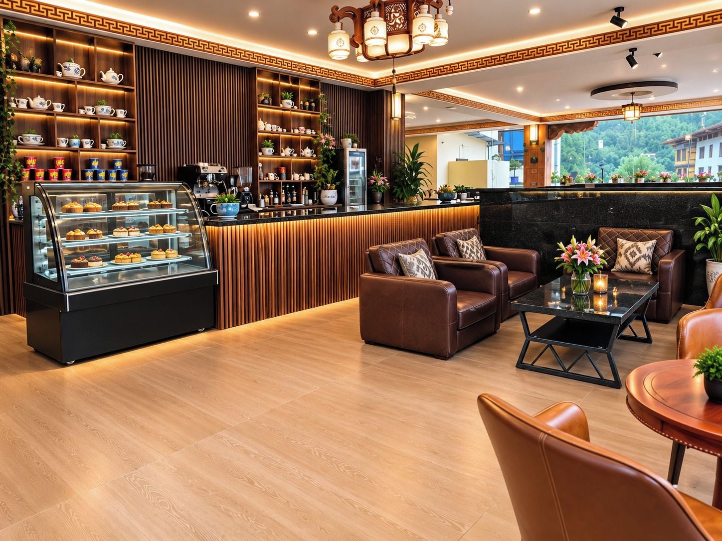 A modern lounge area with leather sofas, a coffee station, and a display case of pastries.