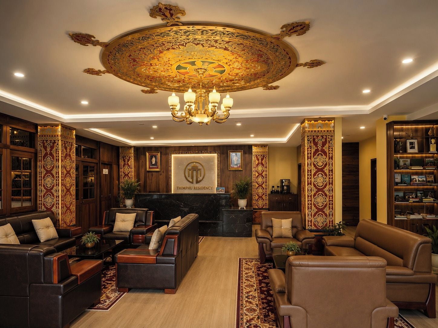 A luxurious lobby with a grand chandelier, leather sofas, a reception desk, and a bookshelf.